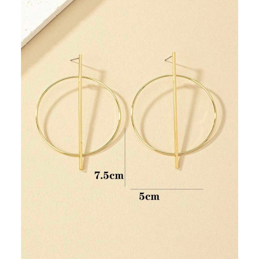Gold Geometric Hoop Statement Earrings Minimalist Circle Bar Earrings Abstract - Picture 3 of 4